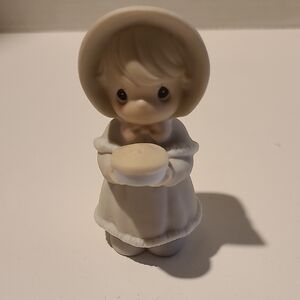 Precious Moments Figurine Girl in White Dress Holding Pie
